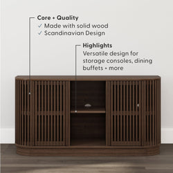 Solid wood Scandinavian-style slatted console cabinet in dark walnut with curved corners and adjustable center shelf, versatile storage for living room, dining buffet or TV stand