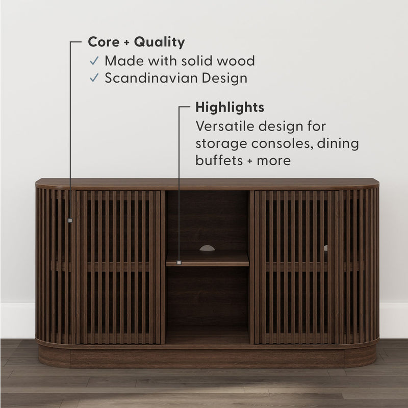 Solid wood Scandinavian-style slatted console cabinet in dark walnut with curved corners and adjustable center shelf, versatile storage for living room, dining buffet or TV stand