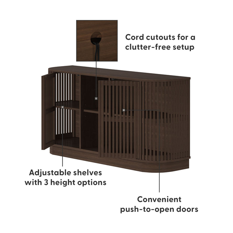 Dark brown wood TV stand media console with slatted push-to-open doors, adjustable shelves with three height options, and rear cord cutouts for clutter-free cable management