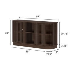 59-inch dark walnut slatted wood media console TV stand with open center shelving, rounded corners and concealed storage