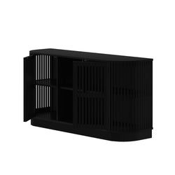 Modern black storage cabinet with slatted doors and shelves for home organization.