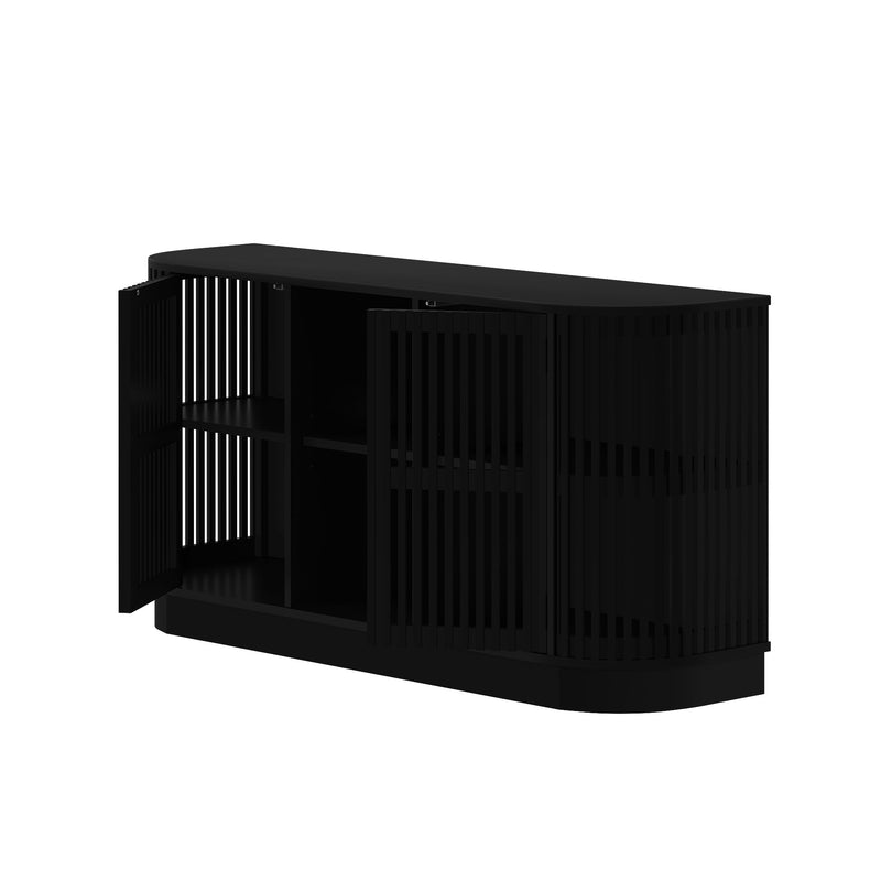 Modern black storage cabinet with slatted doors and shelves for home organization.