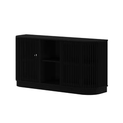 Black modern TV stand with slatted doors and open shelving for living room furniture.