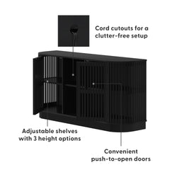 Black entertainment center with adjustable shelves, push-to-open doors, and cord cutouts for a clutter-free setup.