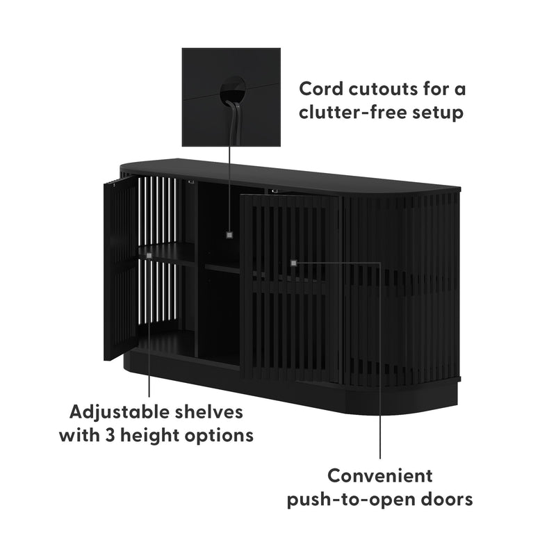 Black entertainment center with adjustable shelves, push-to-open doors, and cord cutouts for a clutter-free setup.