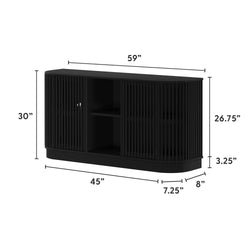 Black wooden entertainment console with detailed dimensions: 59 inches wide, 30 inches high, and 26.75 inches deep, ideal for modern living rooms.