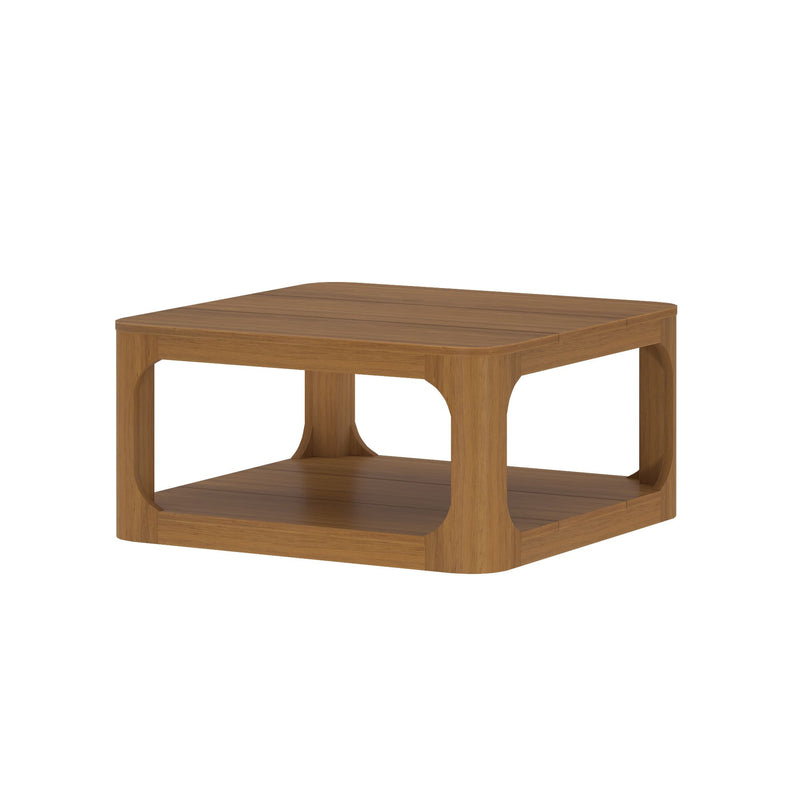Square wooden coffee table with lower shelf, contemporary design.