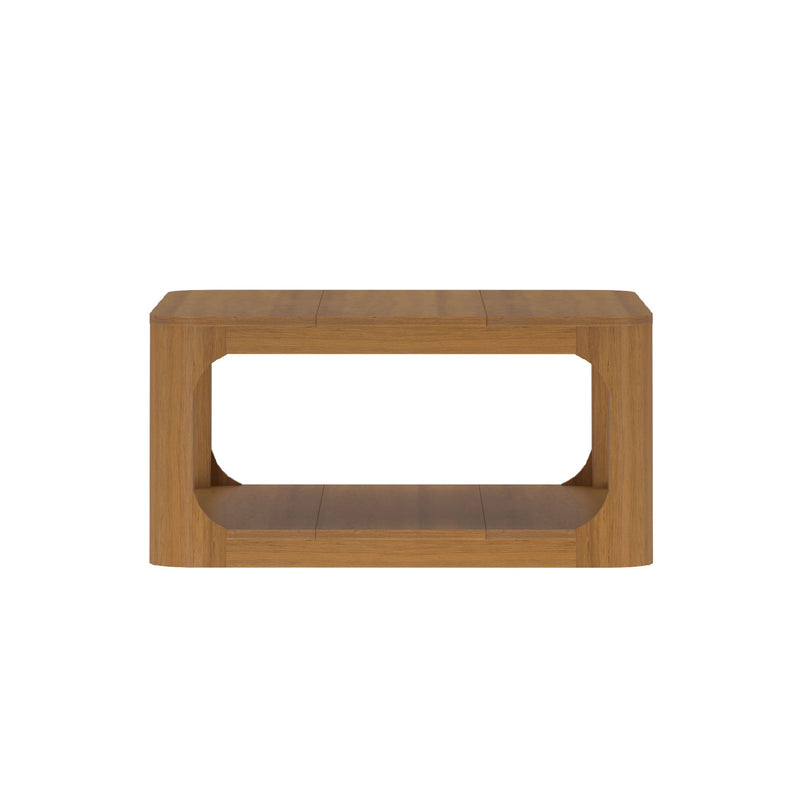 Wooden rectangular coffee table with lower shelf for living room decor.