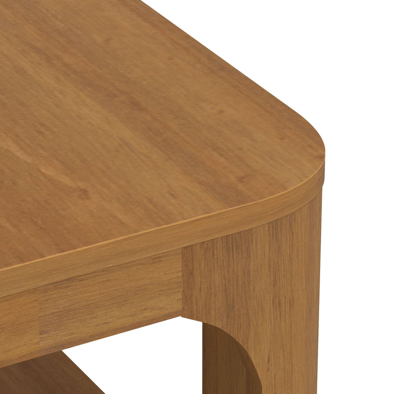 Modern wooden table corner with smooth finish and rounded edges.