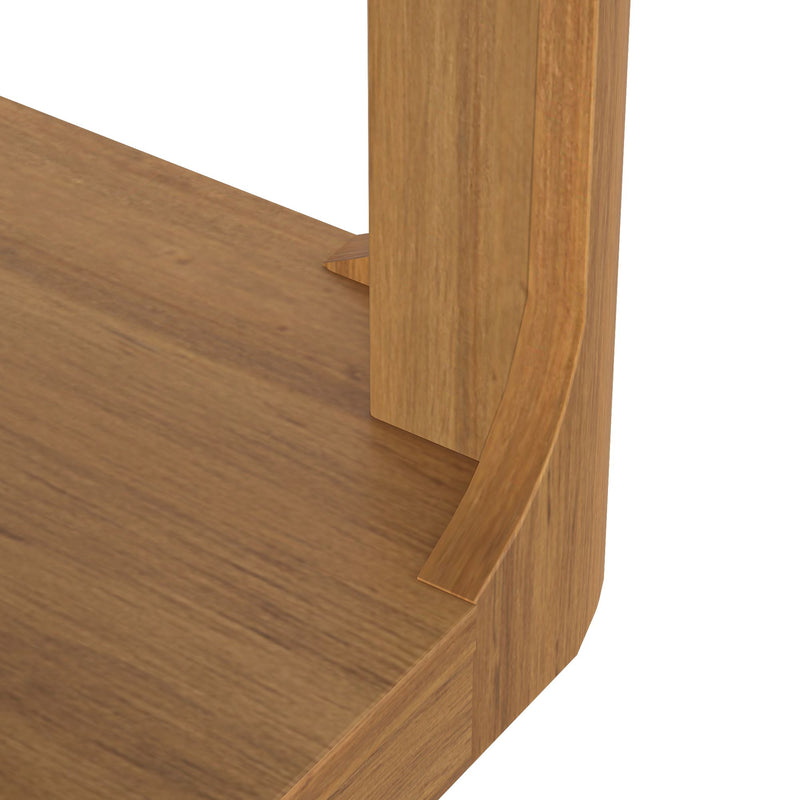 Close-up of wooden furniture corner with smooth finish and curved design.