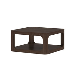 Square walnut coffee table with modern open shelf design.