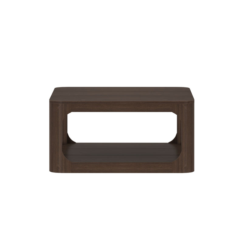 Wooden coffee table with storage shelf, modern design, dark walnut finish.