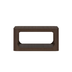 Wooden modern rectangular coffee table with open shelf design.