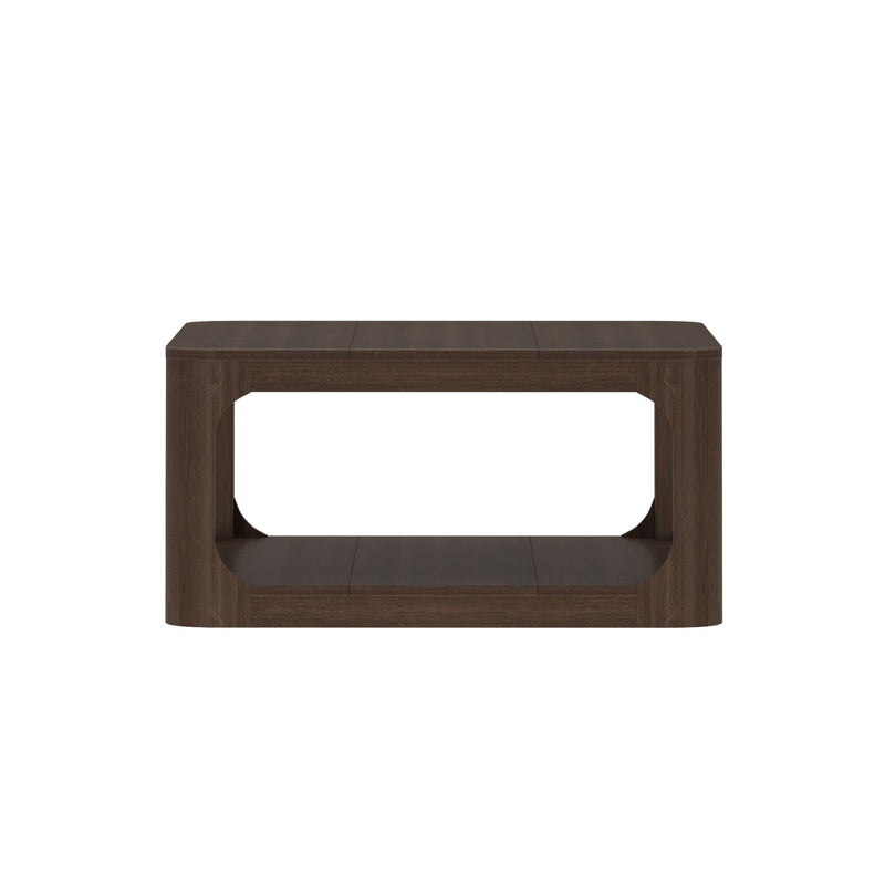 Wooden modern rectangular coffee table with open shelf design.