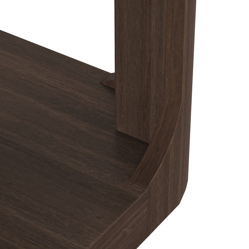 Close-up of a corner shelf with a dark wood finish, highlighting the craftsmanship and texture, perfect for modern home decor.