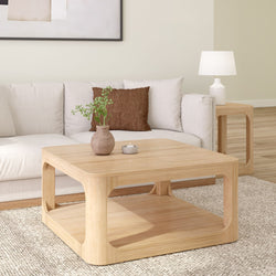 Modern living room with beige sofa, wooden coffee table, and decorative vase for contemporary home decor.