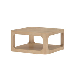 Modern square wooden coffee table with open shelf design, ideal for living room decor.
