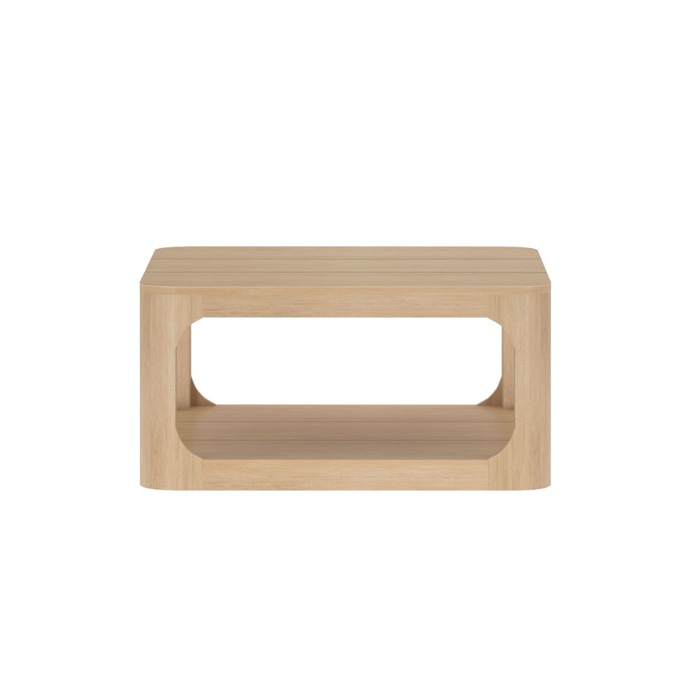Modern wooden coffee table with open shelf design for living room.