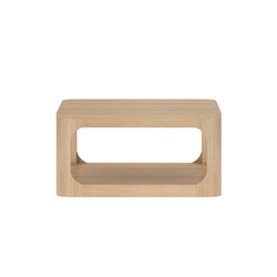 Modern wooden coffee table with open shelf design for living room.