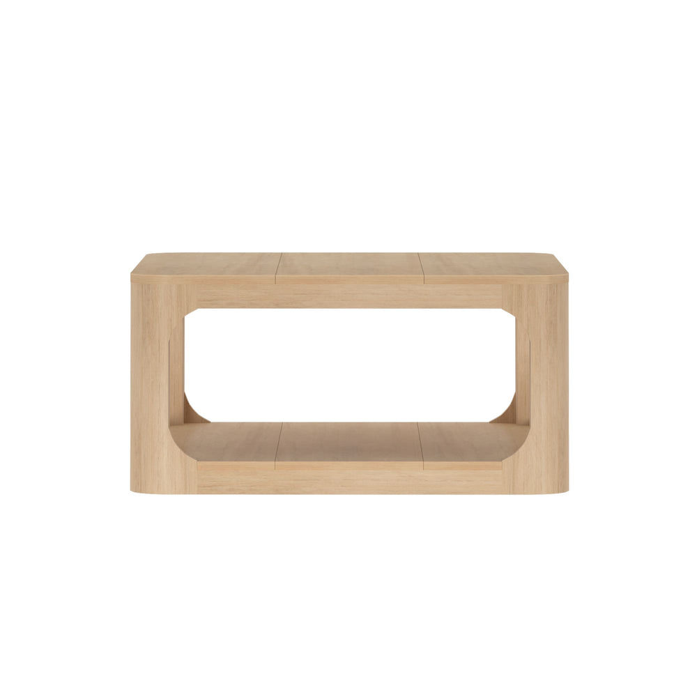 Modern wooden coffee table with open shelf and minimalist design.