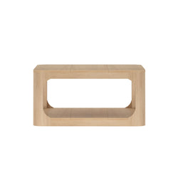 Modern wooden coffee table with open shelf and minimalist design.
