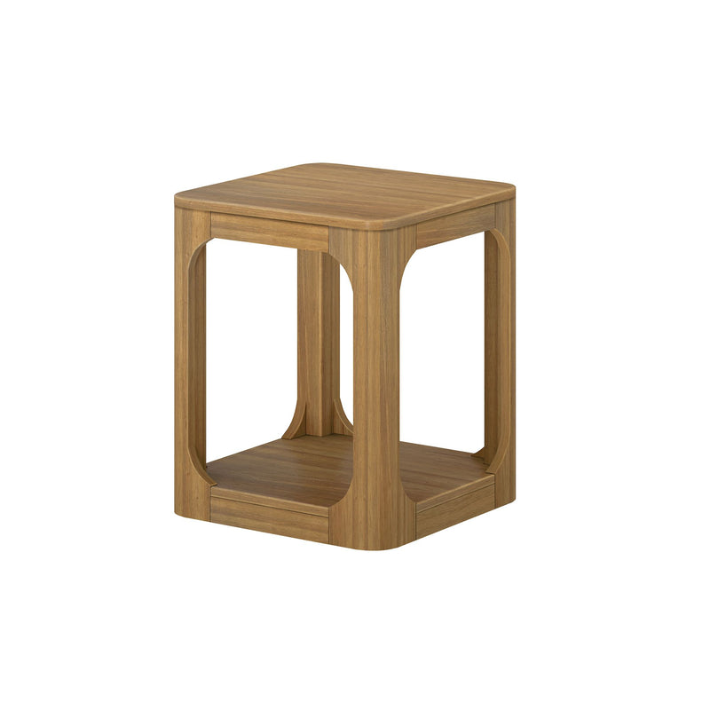 Minimalist wooden side table with open design and square shape.