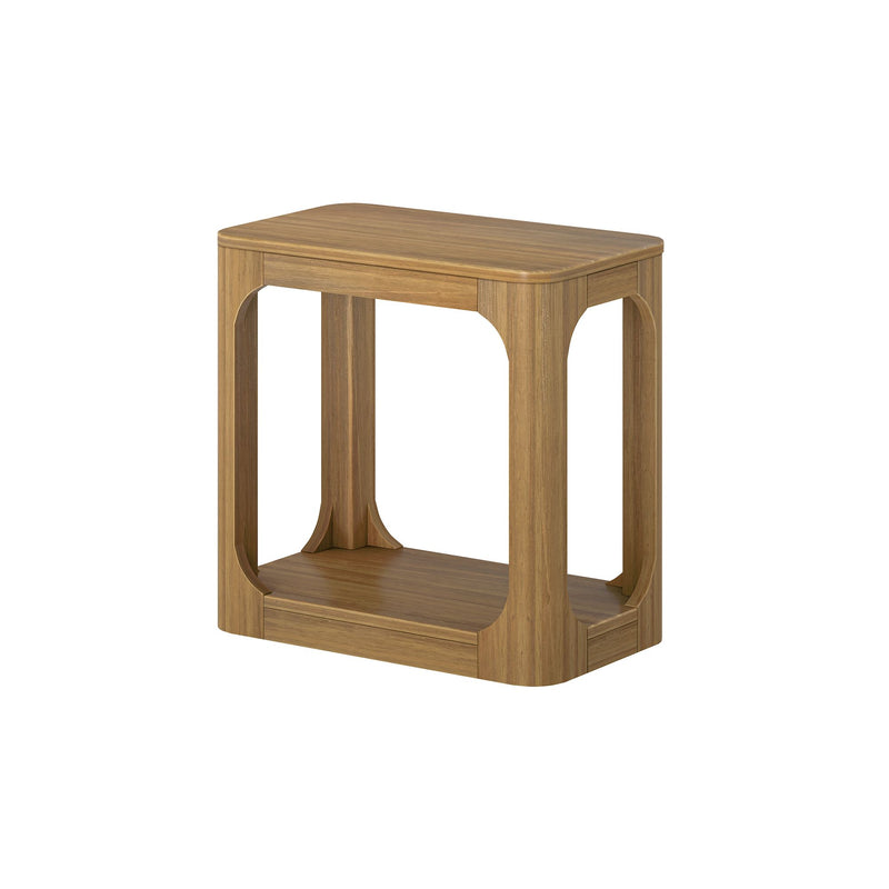 Modern wooden side table with open shelving design.