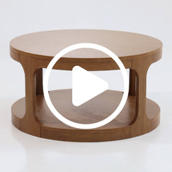 Round wooden coffee table with lower shelf, natural oak finish, modern living room furniture