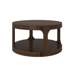 Round two-tier dark walnut wooden coffee table with open lower shelf and curved supports, modern living room center table for storage and decor