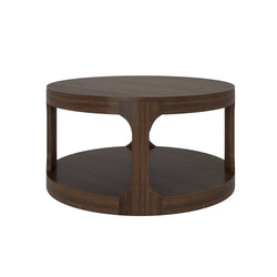 Round walnut coffee table — two-tier round design with lower shelf, dark brown wood finish, modern mid-century living room accent table
