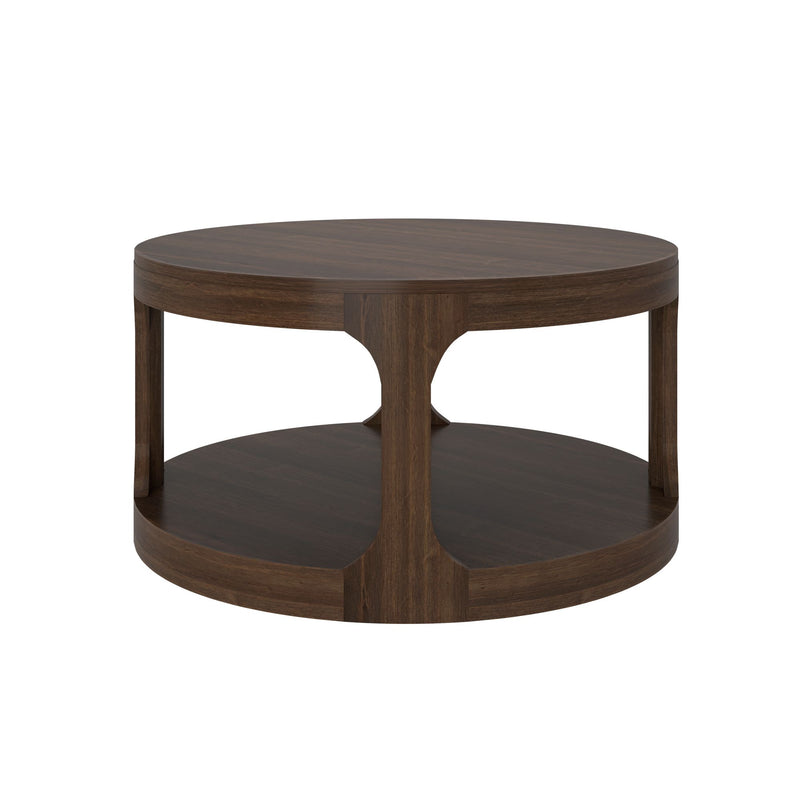 Round walnut coffee table — two-tier round design with lower shelf, dark brown wood finish, modern mid-century living room accent table