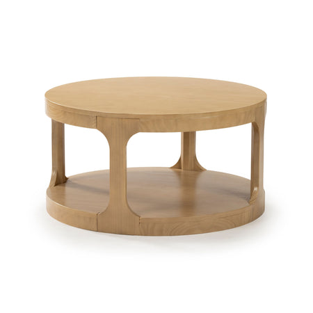 Round two-tier light oak coffee table with open shelf and curved supports — contemporary wooden center table for living room