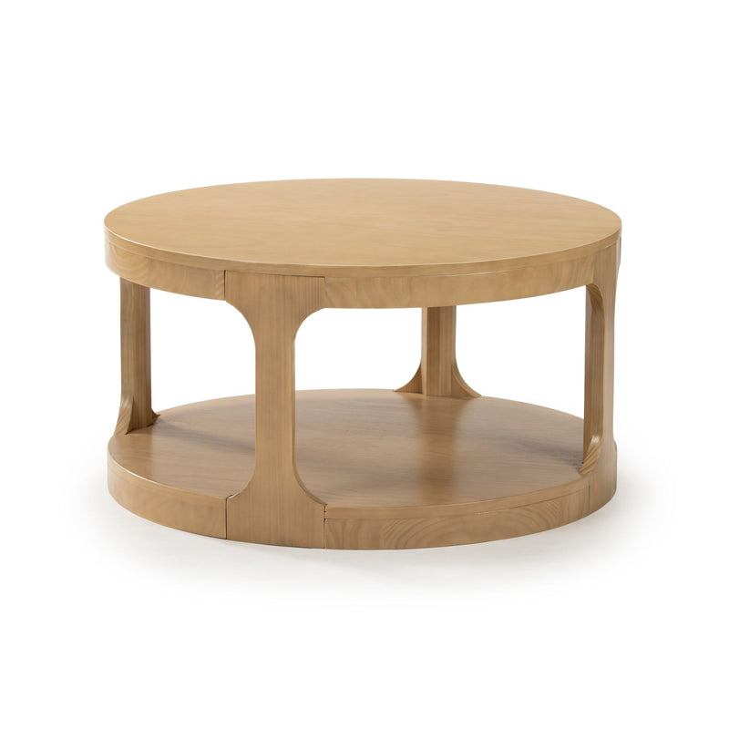 Round wooden coffee table with two-tier design in light brown finish for modern living room decor.