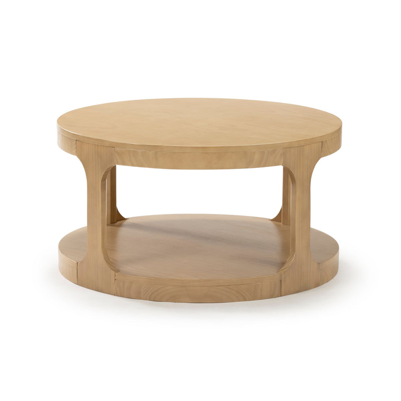 Round natural wood coffee table with double-tiered design.