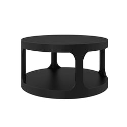 Black round two-tier modern coffee table with open lower shelf and minimalist matte finish for living room decor