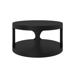 Matte black round coffee table with lower shelf and modern minimalist pedestal base, ideal for contemporary living room