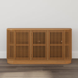 Modern oak slatted sideboard cabinet with rounded corners and four doors — Scandinavian wooden storage credenza