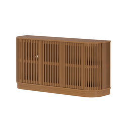 Mid-century modern warm brown wooden media console with rounded corners, vertical slatted cabinet doors and interior shelving for living room storage