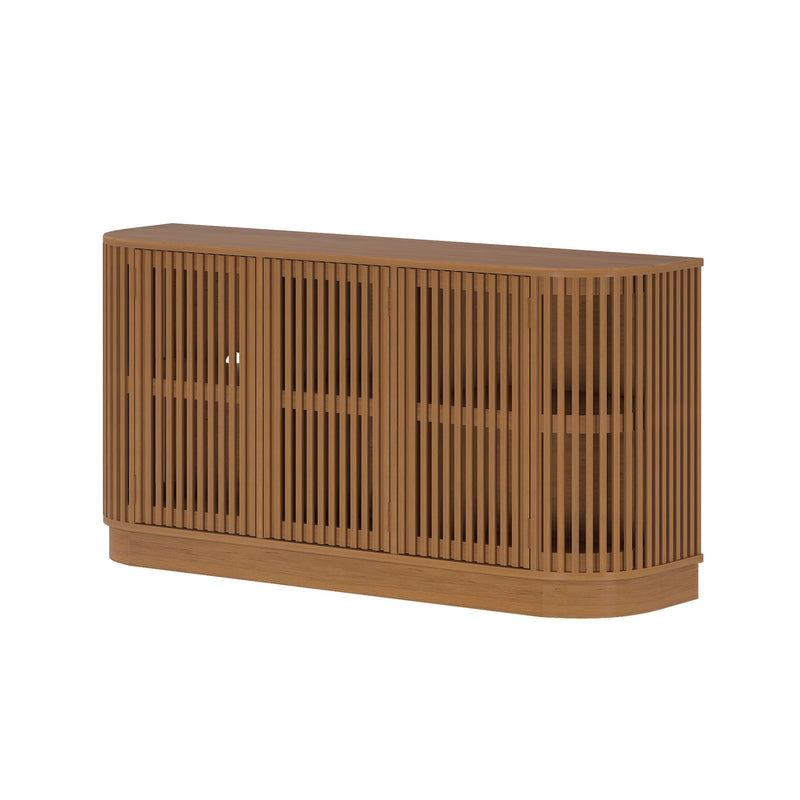 Mid-century modern warm brown wooden media console with rounded corners, vertical slatted cabinet doors and interior shelving for living room storage