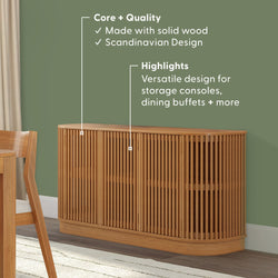 Solid oak slatted sideboard buffet, Scandinavian wood console cabinet with curved corners and interior shelving for dining room storage