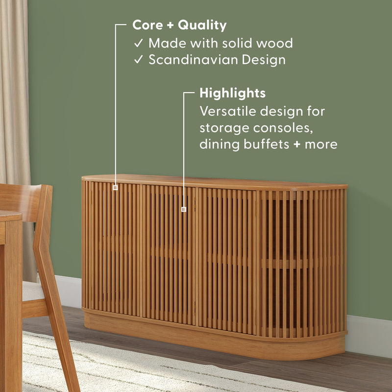Solid oak slatted sideboard buffet, Scandinavian wood console cabinet with curved corners and interior shelving for dining room storage