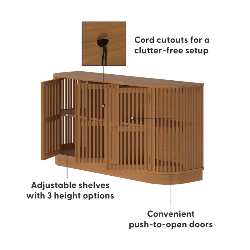Mid-century modern wooden media console TV stand with slatted doors, adjustable shelves (3 height options), cord cutouts for cable management and convenient push-to-open doors in warm walnut finish