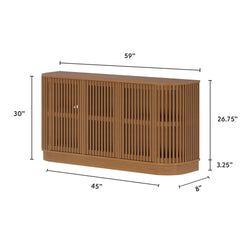 59-inch mid-century modern wooden slatted media console TV stand in oak finish with four doors, internal shelves and rounded corners, 30 in height