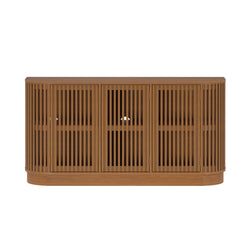 Modern natural wood slatted four-door storage cabinet with rounded corners, mid-century style console table and media TV stand