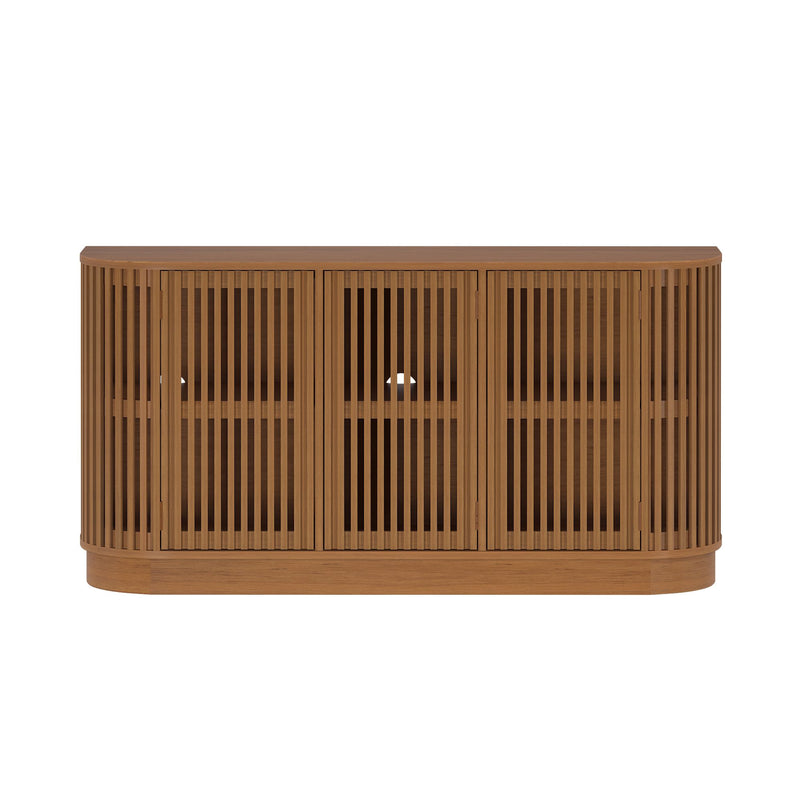 Modern natural wood slatted four-door storage cabinet with rounded corners, mid-century style console table and media TV stand