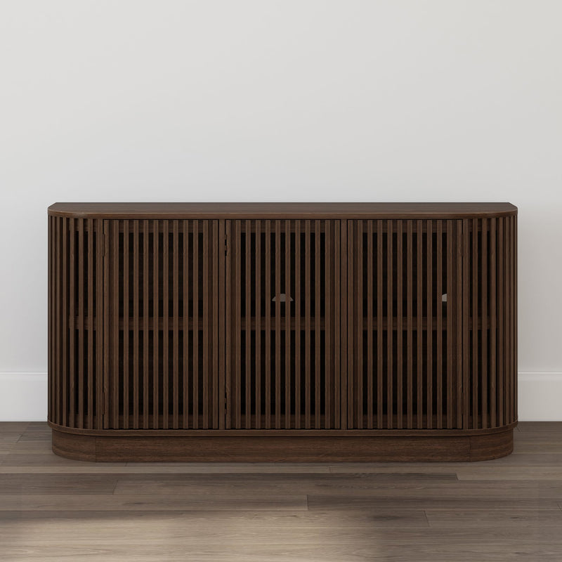 Dark wood slatted sideboard against a white wall on hardwood floor.