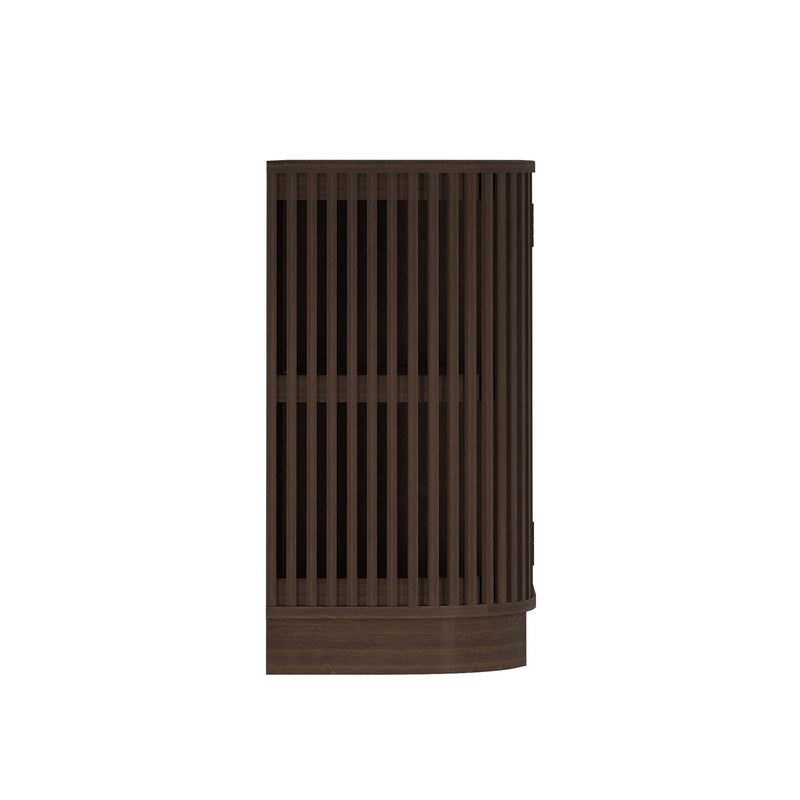 Modern dark wood corner cabinet with vertical slat design for stylish home storage solutions.