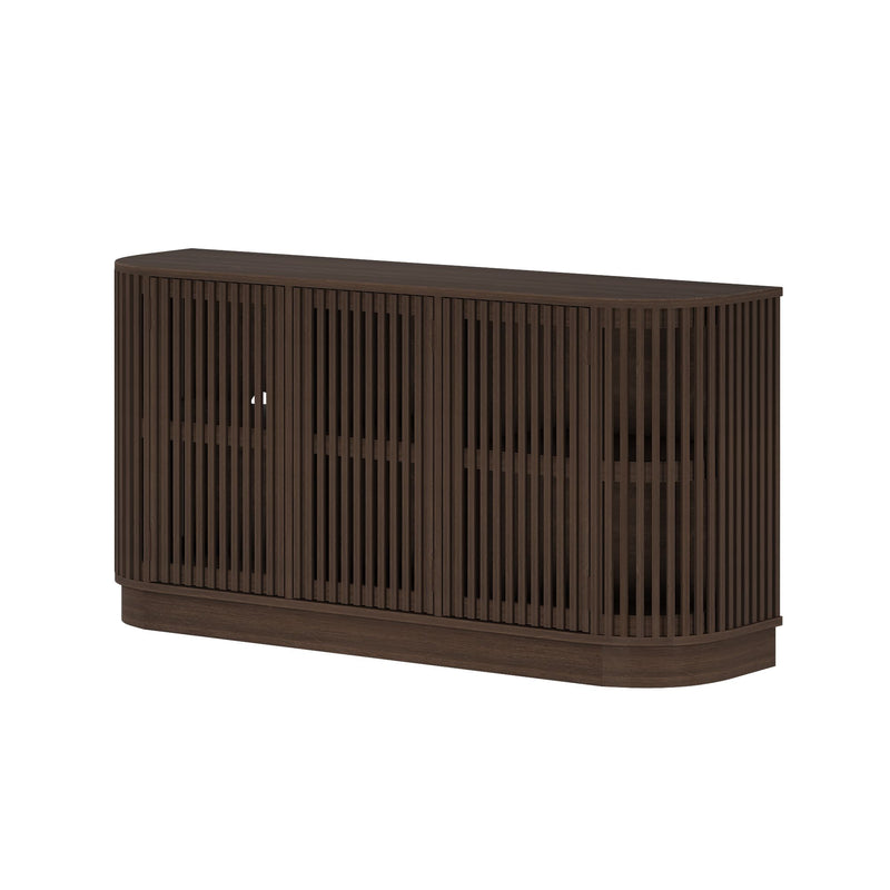 Dark wooden slatted sideboard with closed cabinets for modern living room storage.