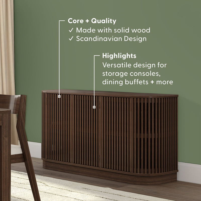 Solid wood Scandinavian sideboard against a green wall, featuring versatile design for storage consoles and dining buffets.