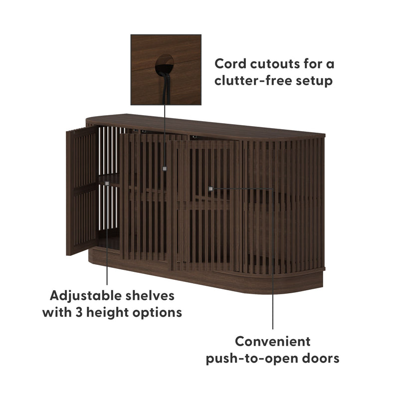 Modern wooden media console with adjustable shelves, cord cutouts for a clutter-free setup, and push-to-open doors.